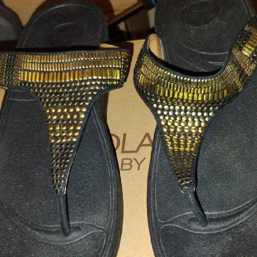 Decorative Gold-Accent Black Thong Sandals - Women